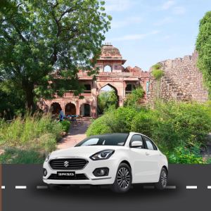 Historic cenotaphs and lush greenery in Mandore Garden near Cab Service in Jodhpur