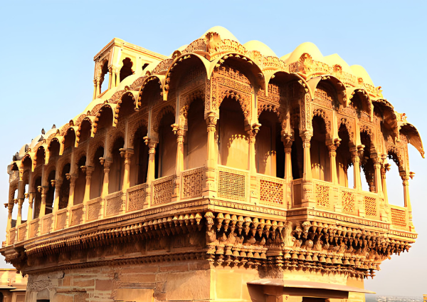 Ornate architecture of Salim Singh ki Haveli with its iconic arched roof in Jodhpur to Jaisalmer cab