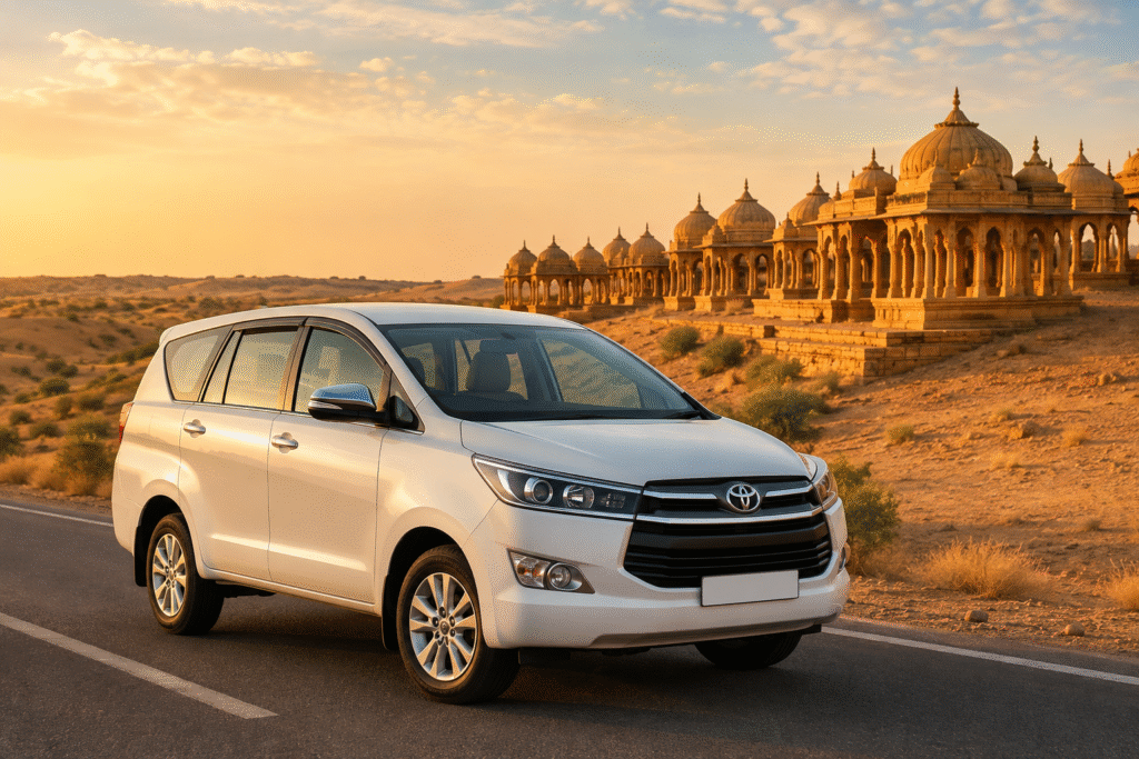 Toyota Innova Crysta on a desert highway near Jaisalmer with golden sand dunes and heritage architecture in the background.