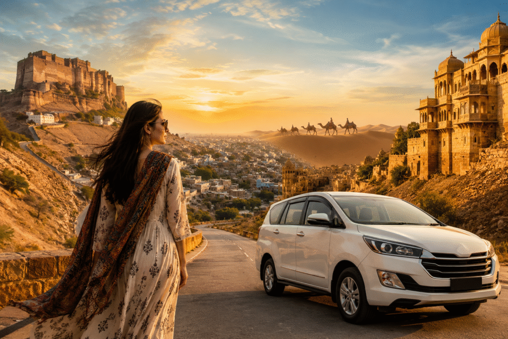 Stylish traveler standing near a white SUV with Mehrangarh Fort and Rajasthan heritage architecture at sunset in Jodhpur.