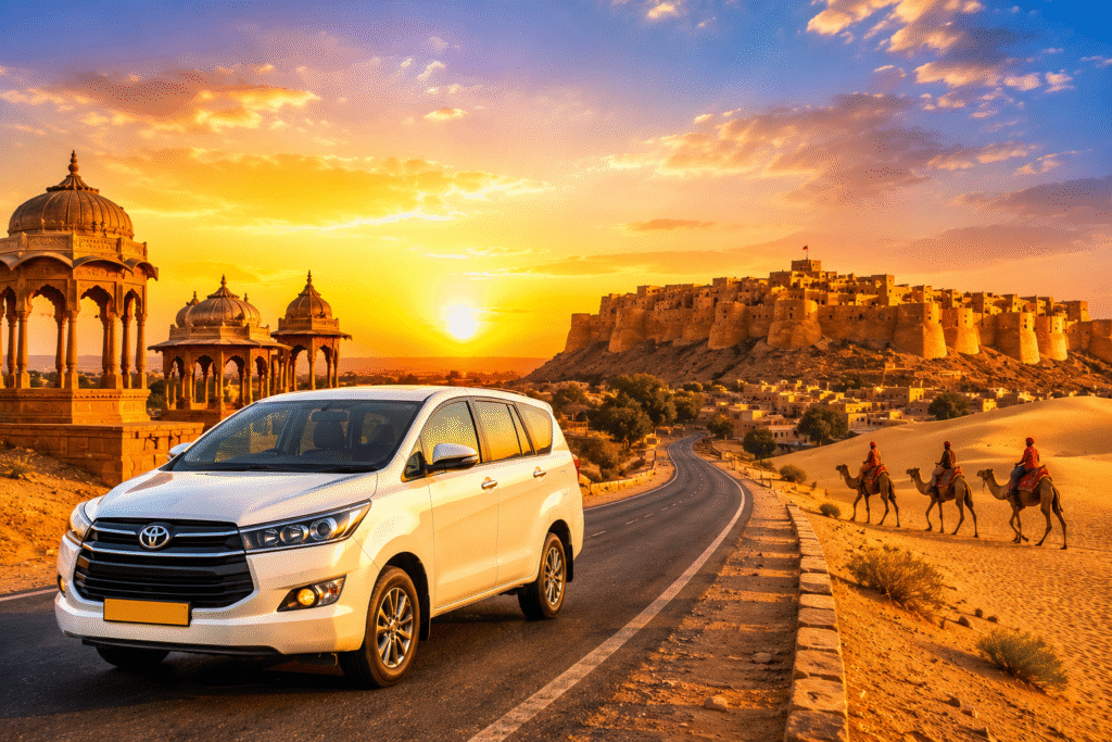 Luxury Jodhpur to Jaisalmer road trip with a white SUV driving through the Thar Desert at sunset, featuring golden sand dunes, camel riders, and the majestic Jaisalmer Fort in the background.