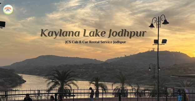 Scenic view of Kaylana Lake with a taxi parked nearby, showcasing the best taxi service in Jodhpur for sightseeing.