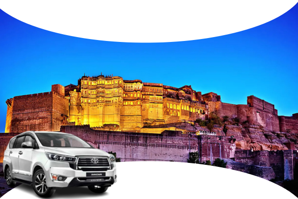 A tourist holding a map near Umaid Bhawan Palace, with a waiting taxi ready for a one-day Jodhpur sightseeing tour.
