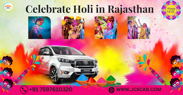 Colorful Holi celebration in Rajasthan with people throwing vibrant powders.