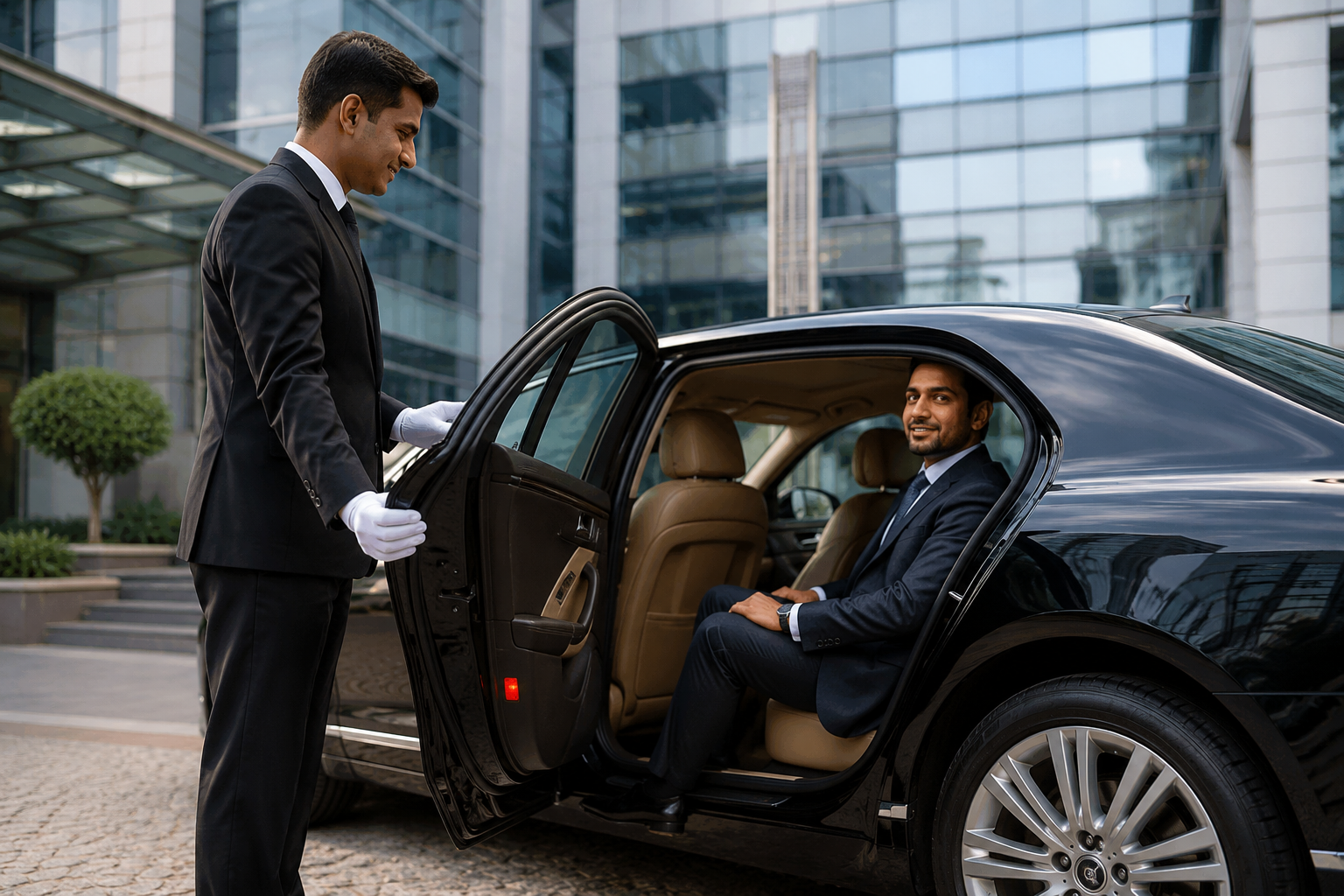 Professional chauffeur opening a luxury sedan for a corporate client.
