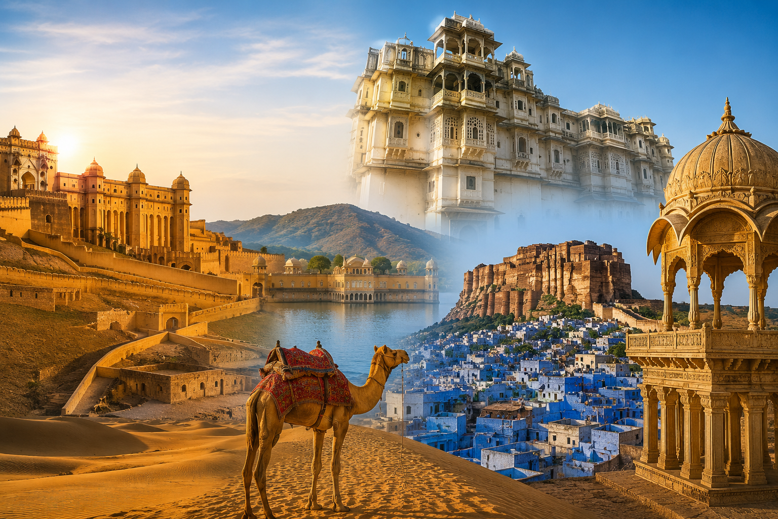 Rajasthan tour collage featuring Mehrangarh Fort, Udaipur, desert camel, and heritage landmarks.