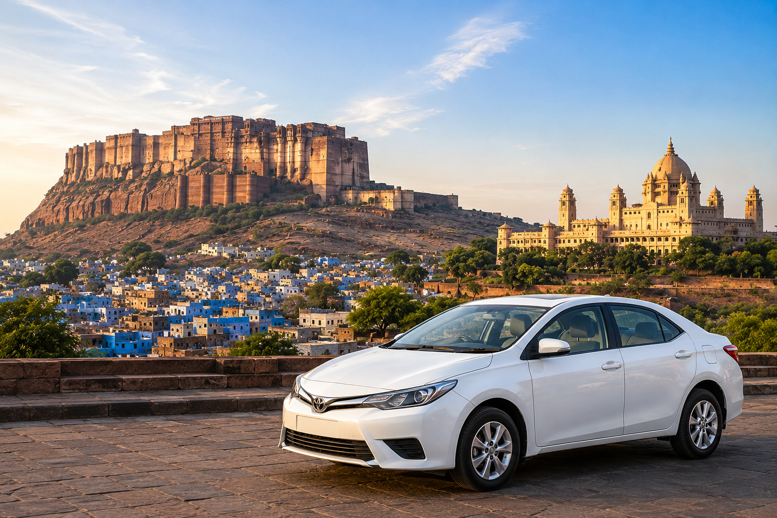White sedan with Mehrangarh Fort in Jodhpur during a sightseeing tour.