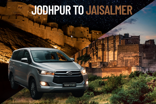Toyota Innova and driver on desert road from Jodhpur to Jaisalmer with sand dunes in background