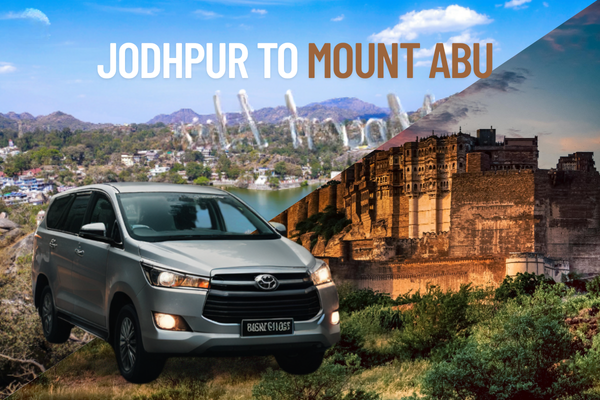Toyota Innova with driver on hilly route from Jodhpur to Mount Abu with green hills in background