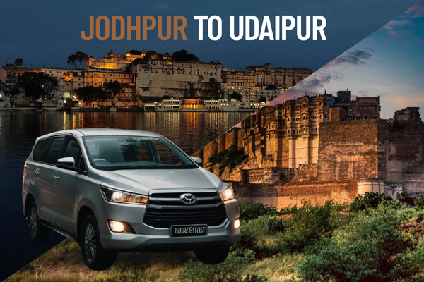 Toyota Innova with uniformed driver on Jodhpur to Udaipur road, scenic desert and hills in background