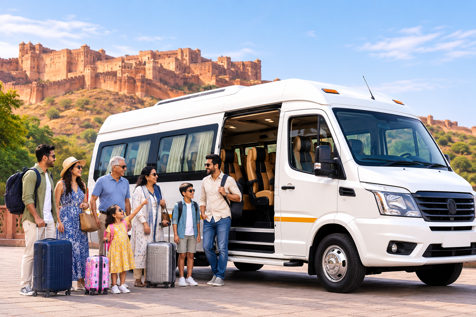Tempo Traveller with tourists ready for a group trip in Jodhpur.