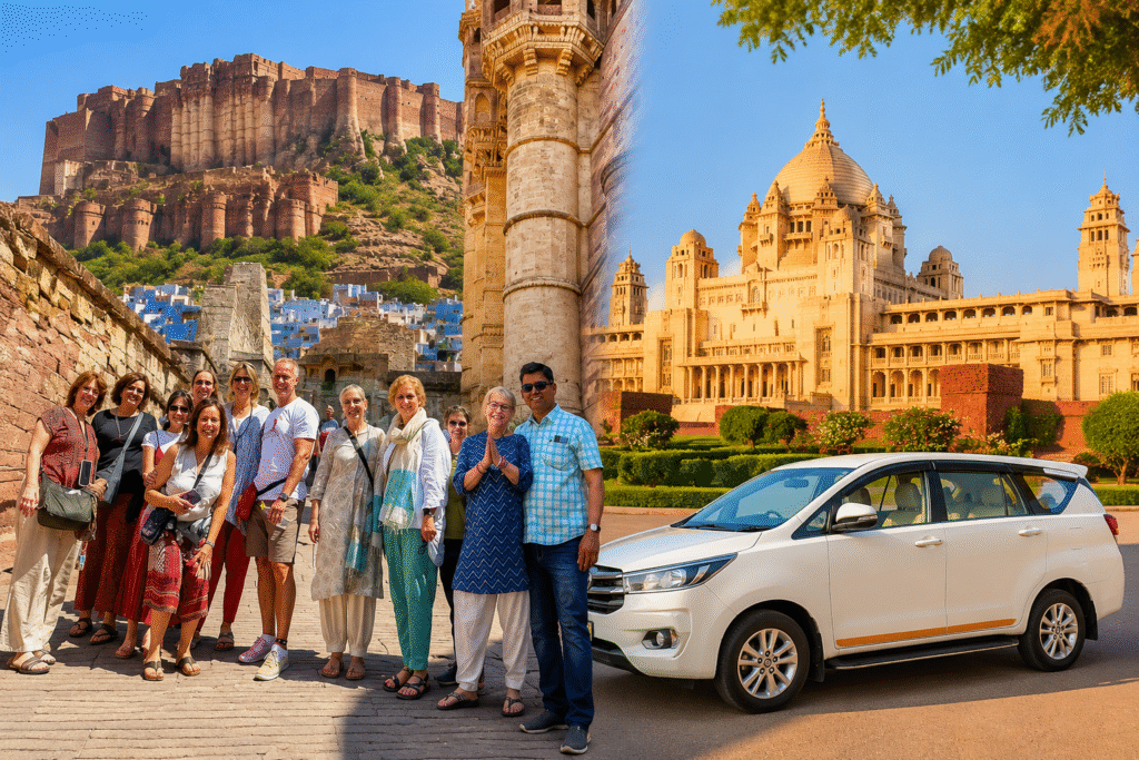 Best Jodhpur Sightseeing Tour Packages with tourists exploring Mehrangarh Fort and a comfortable Innova Crysta for city tours in Jodhpur.