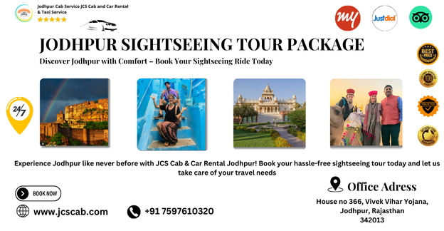 JCS Cab vehicle parked in front of Jodhpur’s landmark with tourists