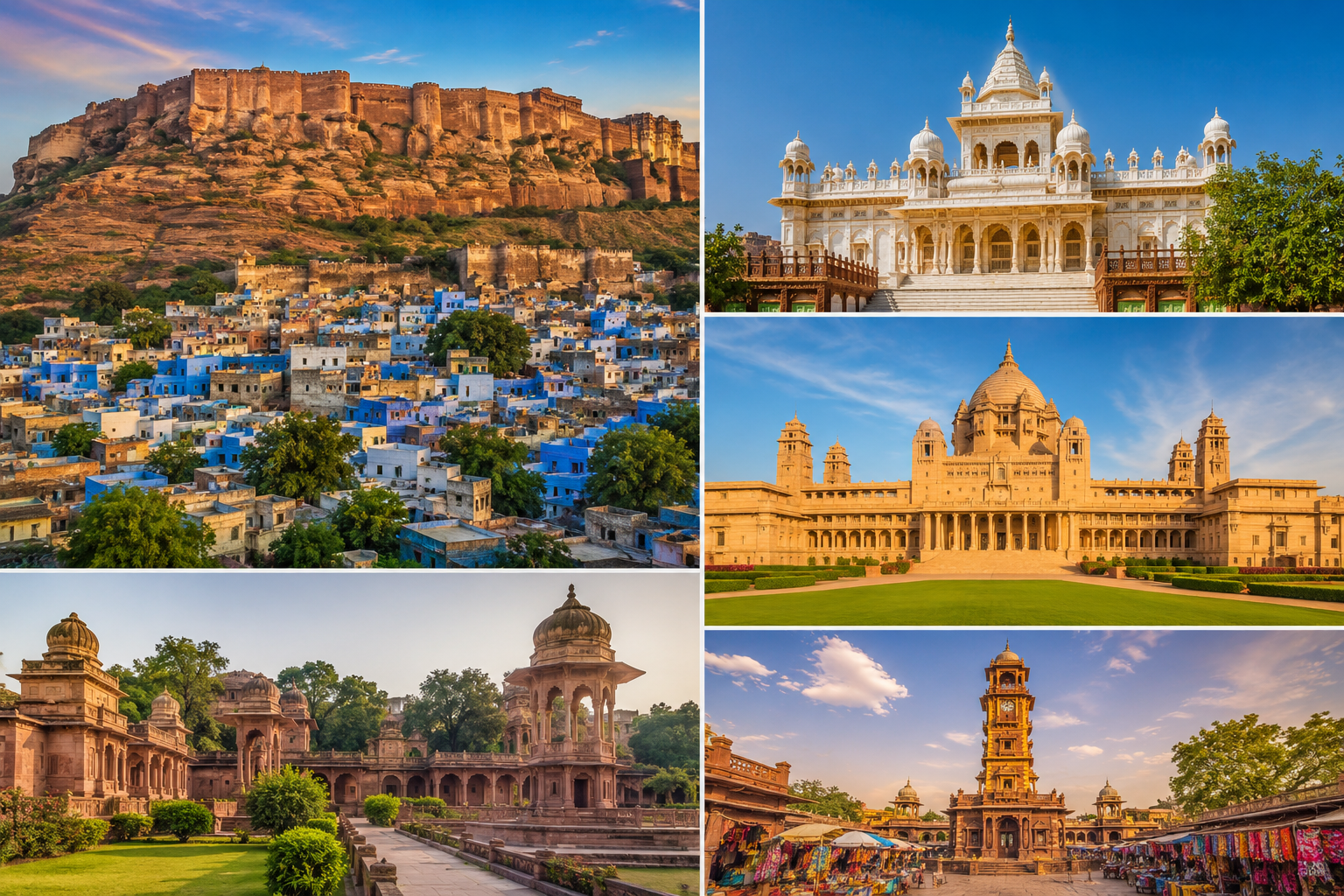 One-Day Jodhpur Darshan Tour featuring Mehrangarh Fort, Jaswant Thada, Umaid Bhawan Palace, Mandore Garden, and Clock Tower in Jodhpur, Rajasthan.