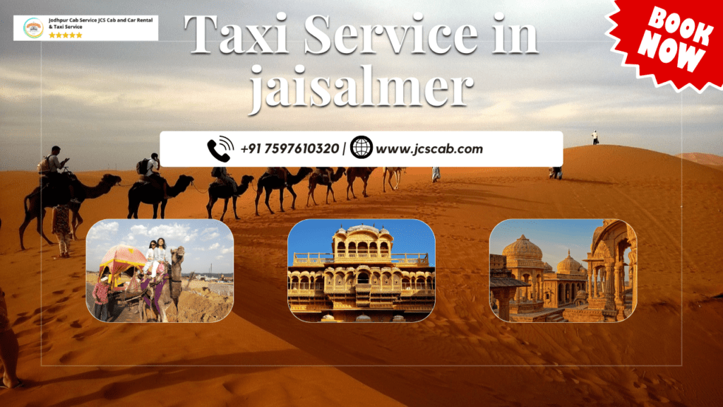 Local taxi service in Jaisalmer with driver waiting near a heritage site