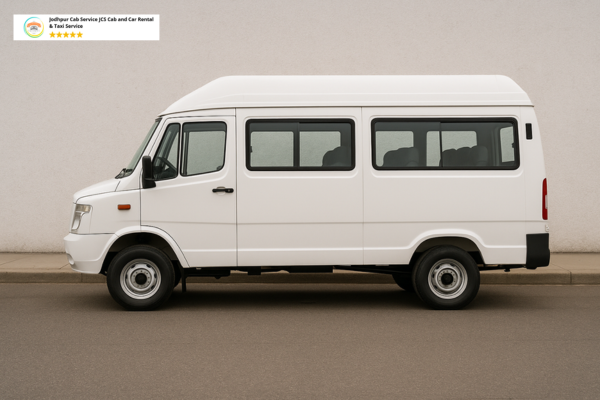 White Tempo Traveller parked, ready for group travel, First Time in Jodhpur