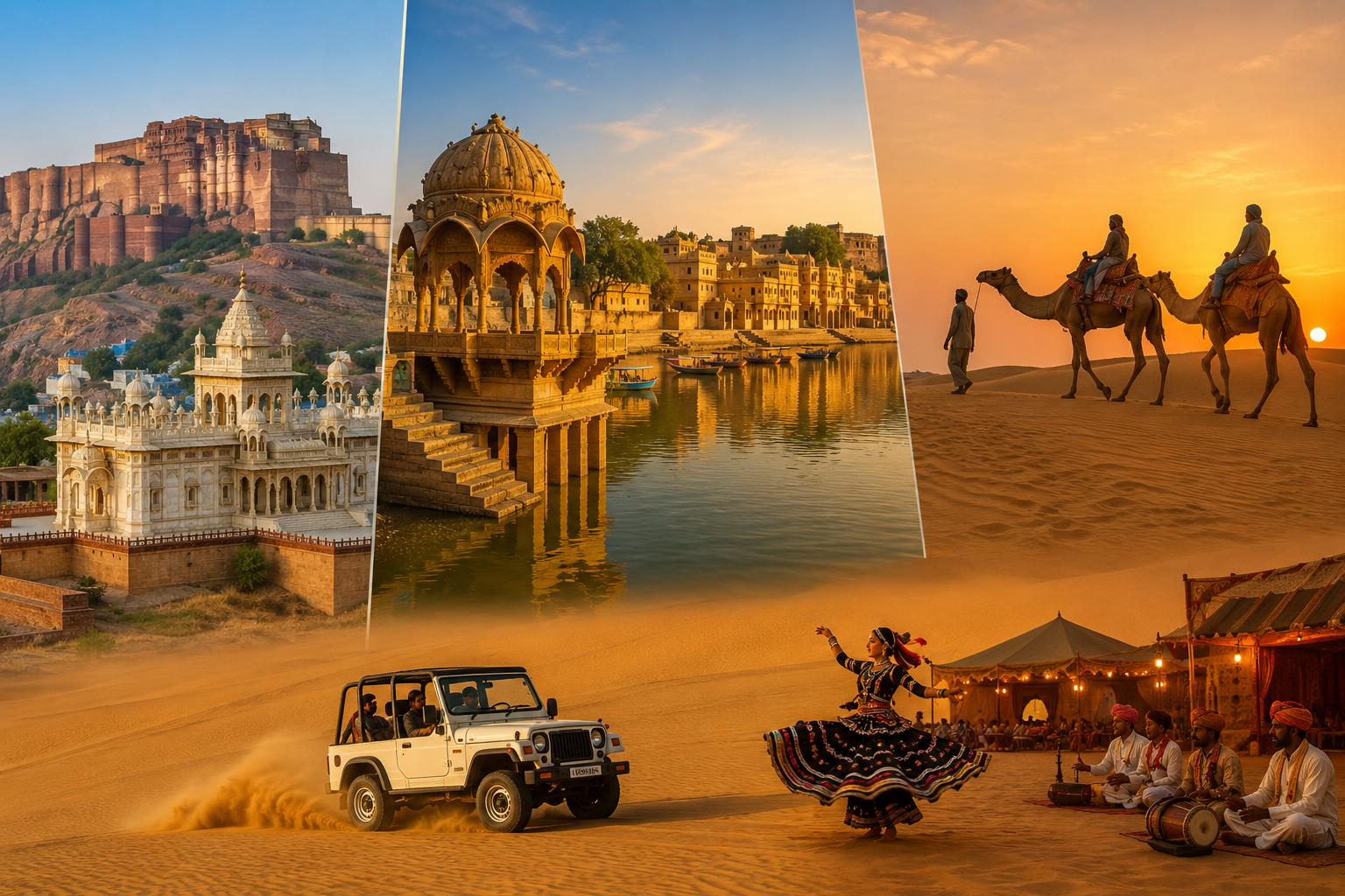 Three-day Rajasthan desert tour featuring Jodhpur sightseeing, Jaisalmer Fort, Gadisar Lake, camel safari, jeep safari, and cultural performances at Sam Sand Dunes.