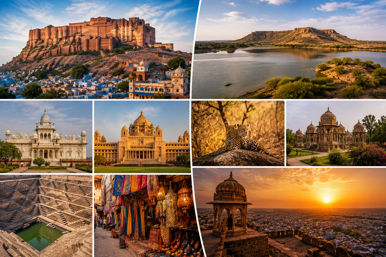 Two-day Jodhpur sightseeing tour featuring Mehrangarh Fort, Jaswant Thada, Umaid Bhawan Palace, stepwell, local markets, Kaylana Lake, Mandore Gardens, wildlife safari, and a scenic sunset view.