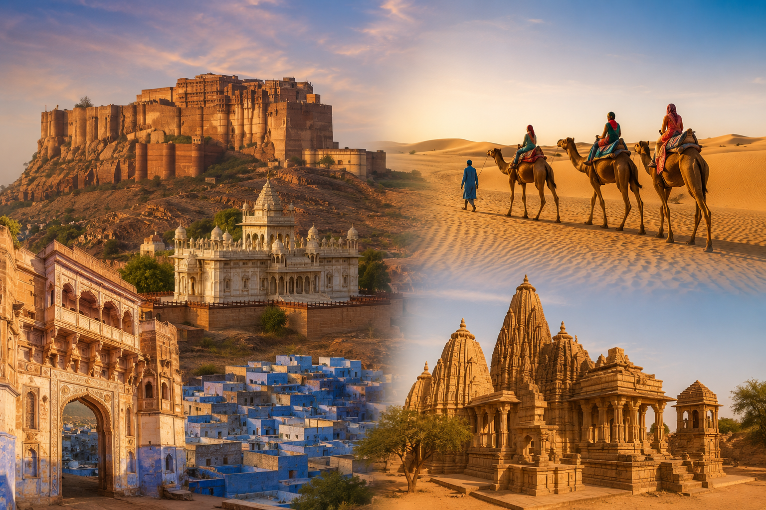 Two-Day Jodhpur to Osian Desert Tour featuring Mehrangarh Fort, the Blue City, ancient Osian temples, and a camel safari across golden sand dunes.