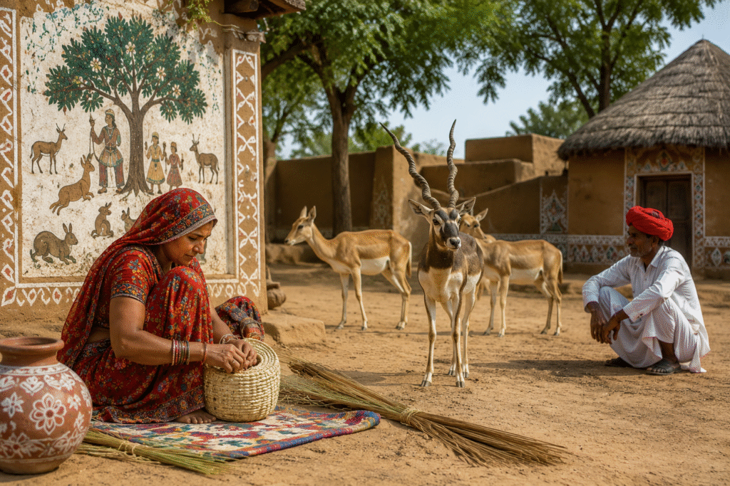 Bishnoi village scene near Jodhpur featuring a woman weaving a basket, traditional mud houses with folk art murals, blackbuck antelopes, and local villagers showcasing Rajasthan's rural culture and wildlife.