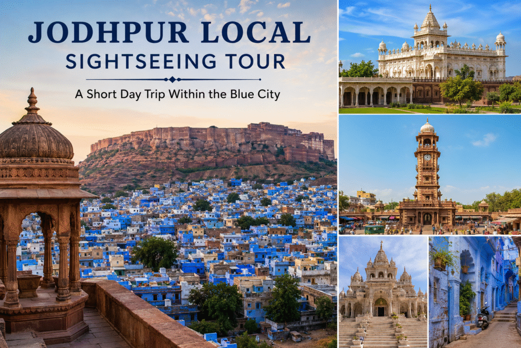 Jodhpur Local Sightseeing Tour featuring Mehrangarh Fort, Jaswant Thada, Clock Tower, and the Blue City streets, showcasing the top attractions of Jodhpur in Rajasthan.