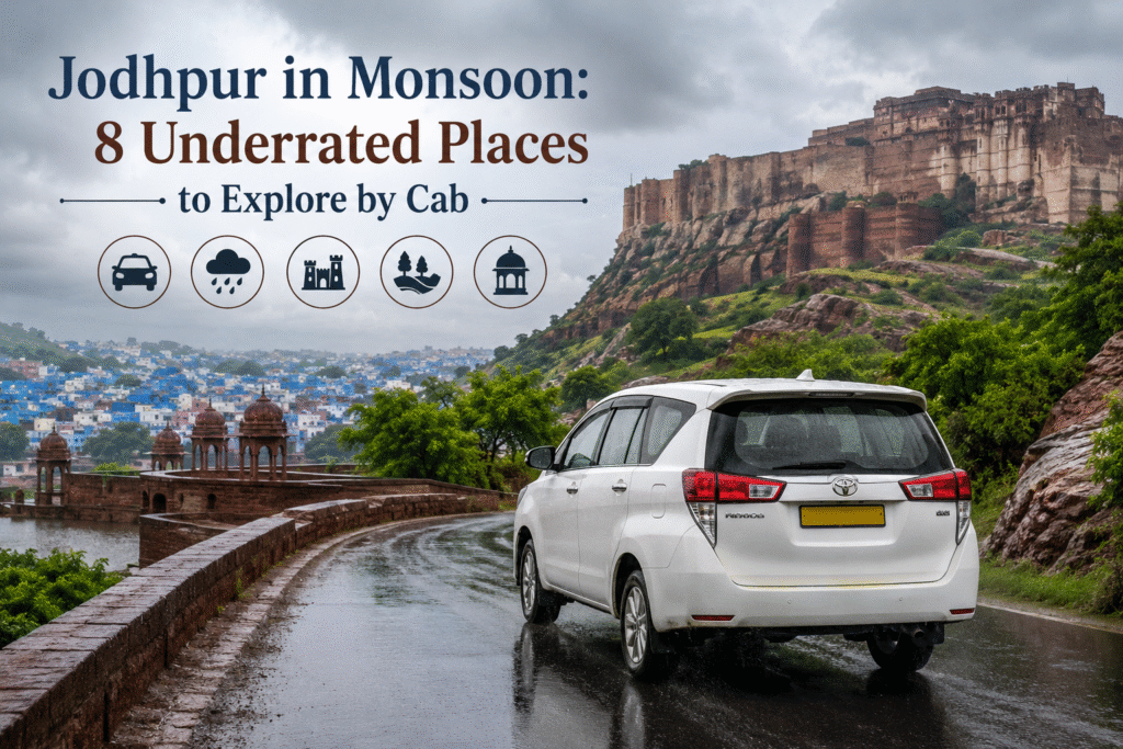 Jodhpur in monsoon with Mehrangarh Fort and Toyota Innova Crysta on a scenic rainy road