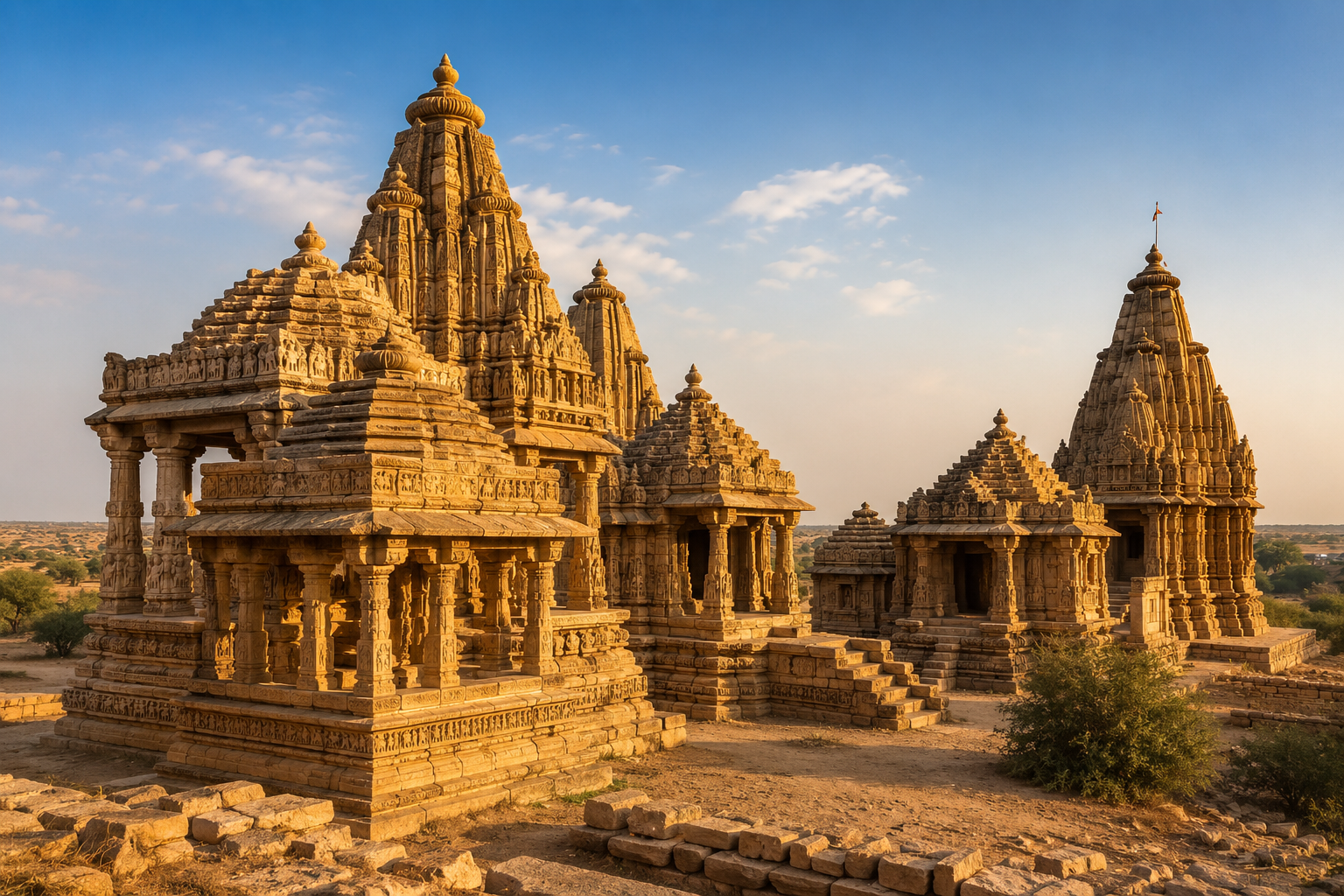 Ancient sandstone temples in Osian near Jodhpur, Rajasthan, showcasing intricate carvings, towering shikharas, and historic desert architecture under a clear blue sky.