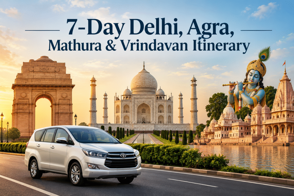 7 Day Delhi Agra Mathura Vrindavan itinerary with private Innova car and famous tourist attractions