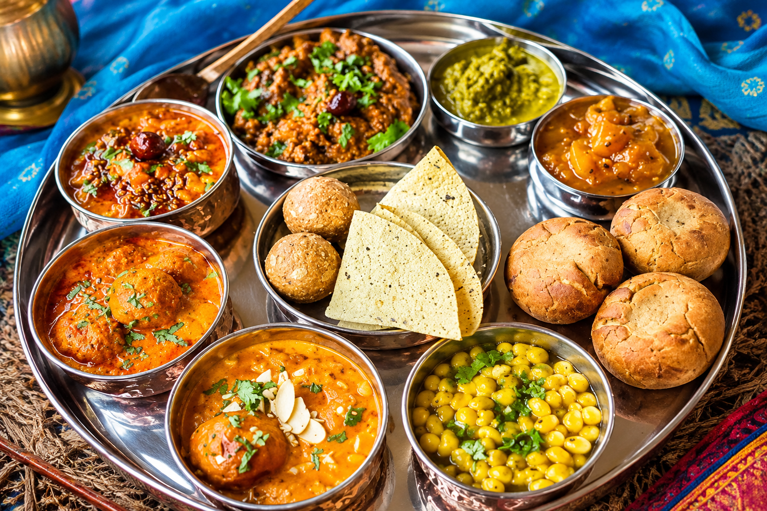 Authentic Rajasthani thali with traditional curries and baati