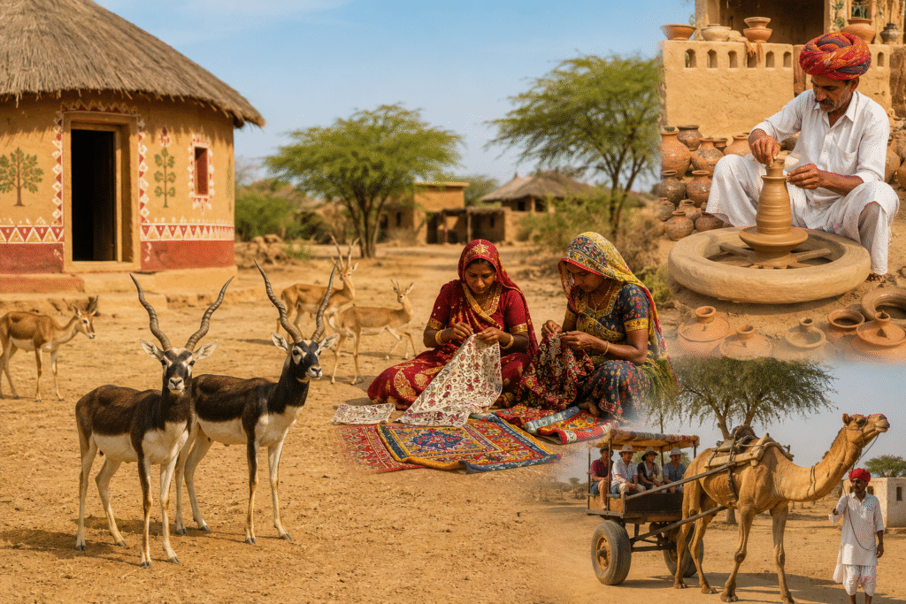 Bishnoi Village Safari near Jodhpur showcasing blackbucks, traditional pottery making, rural handicrafts, and authentic Rajasthan village life.