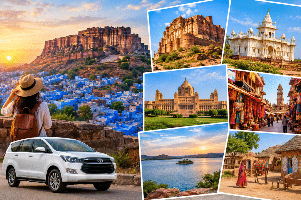 Jodhpur 2-day itinerary featuring Mehrangarh Fort, Umaid Bhawan Palace, Sardar Market, Kaylana Lake, and a Rajasthani village