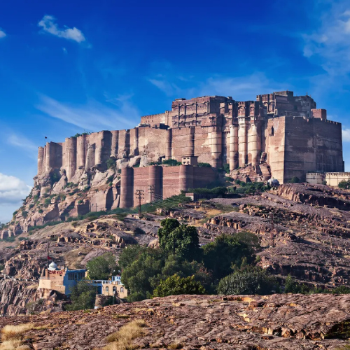 Mehrangarh Fort overlooking the Blue City of Jodhpur, Rajasthan.