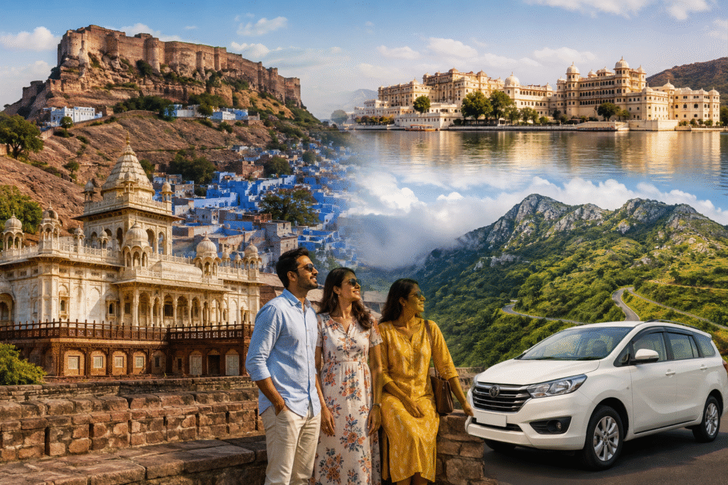 Family travelers enjoying a Rajasthan road trip with an Innova car, featuring Mehrangarh Fort, Udaipur City Palace, Jaswant Thada, and Aravalli Hills.