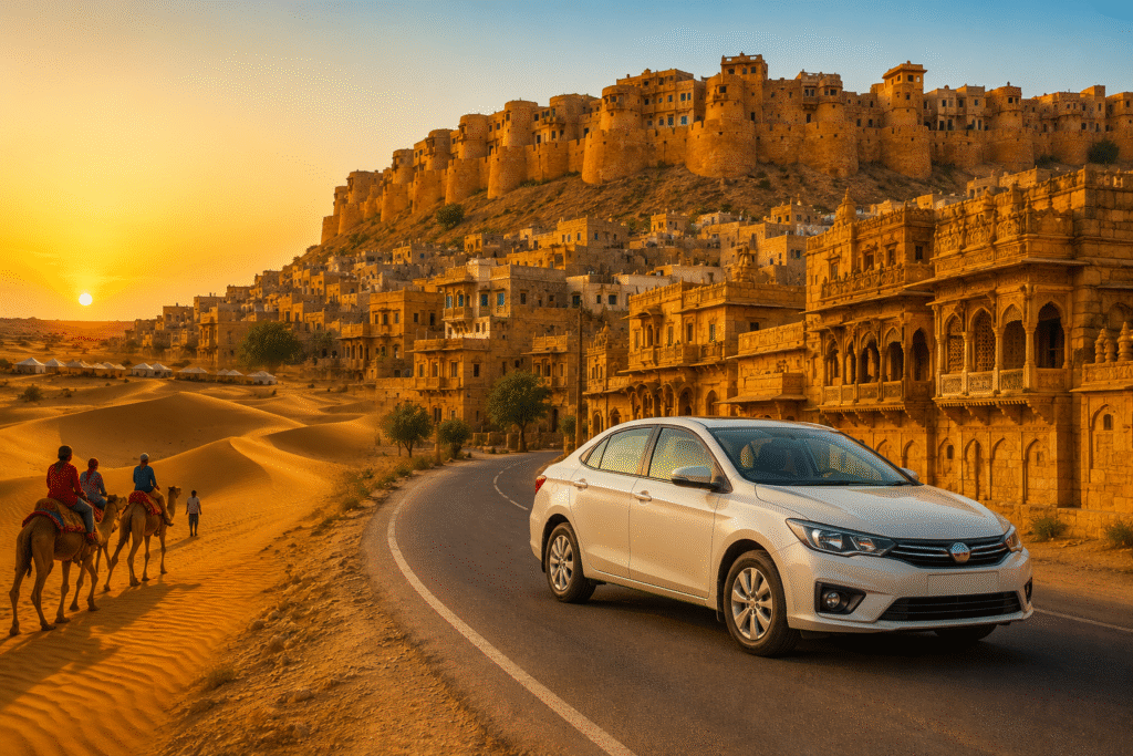 Jodhpur to Jaisalmer cab trip with Golden Fort, Sam Sand Dunes, camel safari, and desert landscape in Rajasthan