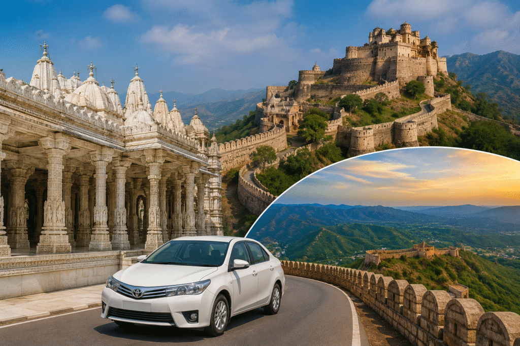 Jodhpur to Kumbhalgarh cab tour featuring Ranakpur Jain Temple, Kumbhalgarh Fort, and a private taxi journey through the Aravalli Hills.
