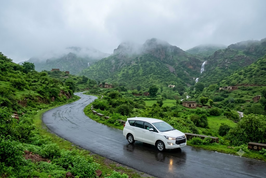 White Toyota Innova Crysta cab driving on a lush, misty mountain road during a monsoon road trip from Jodhpur to Mount Abu
