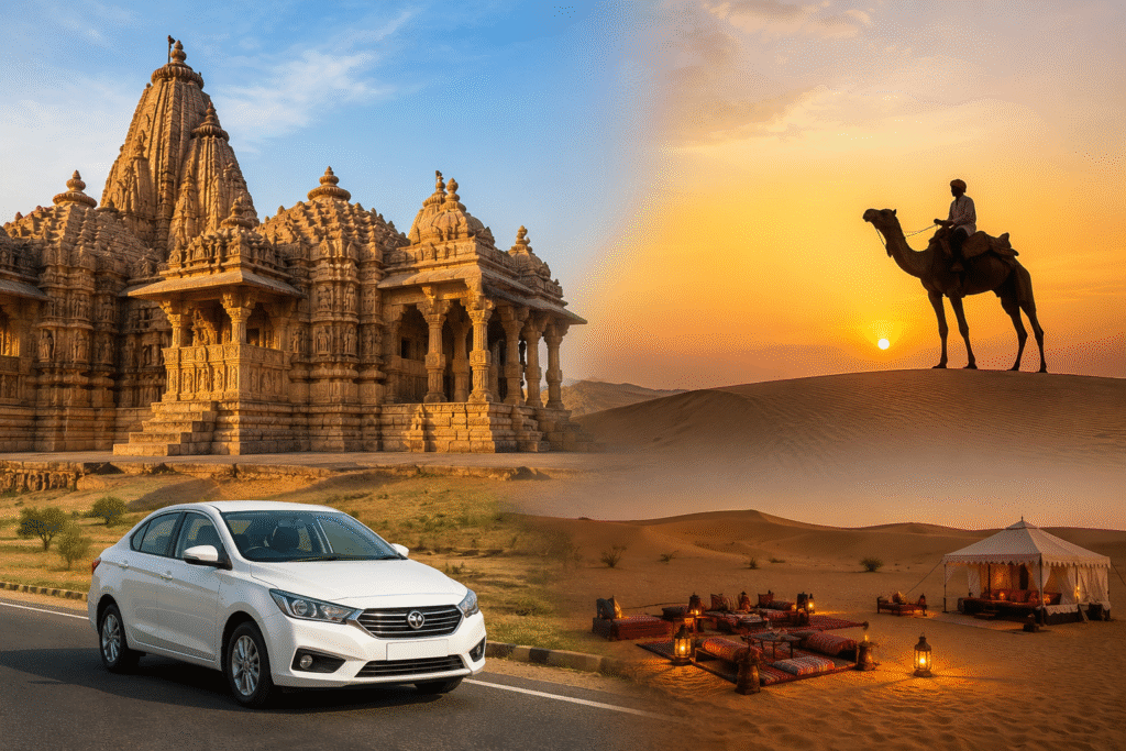 Jodhpur to Osian cab tour featuring Sachiya Mata Temple, Osian sand dunes, camel safari, desert camp, and scenic Rajasthan road trip.