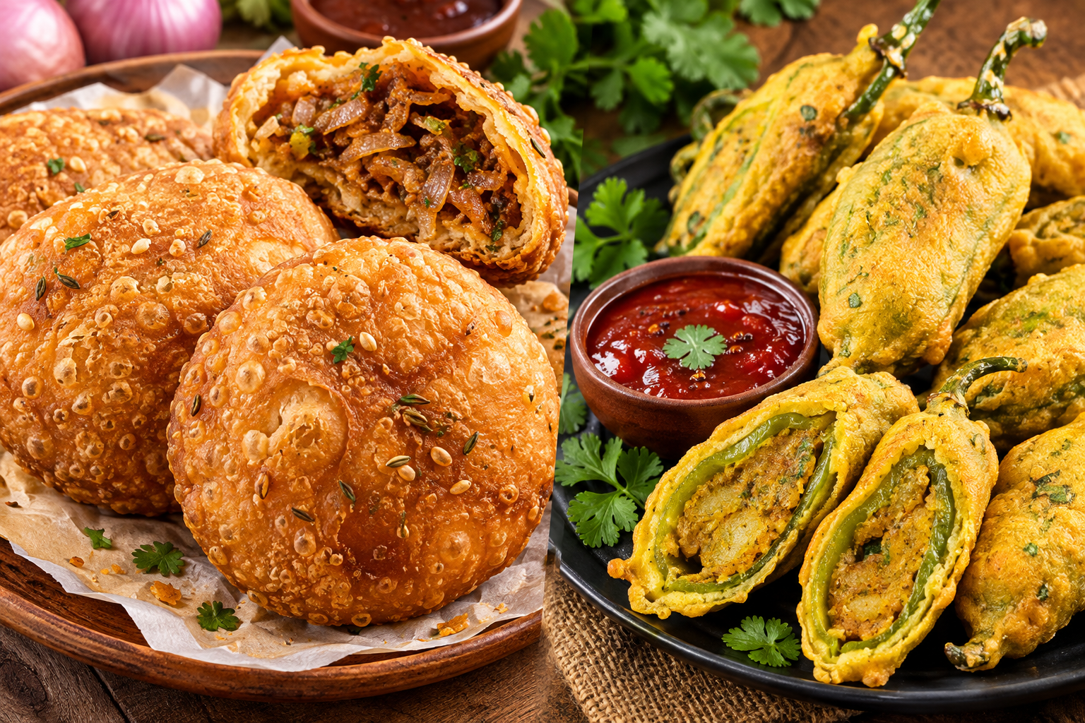 Golden Pyaaz Kachori and crispy Mirchi Bada served with spicy red chutney.