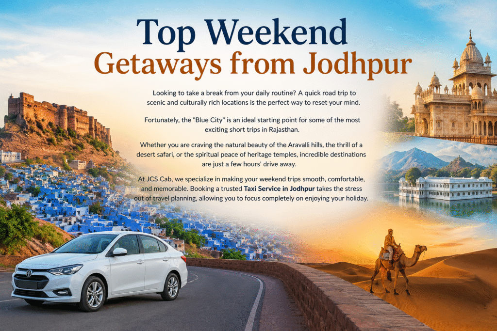 Top Weekend Getaways from Jodhpur featuring Mehrangarh Fort, Blue City skyline, desert camel safari, Aravalli landscapes, heritage temples, and a comfortable taxi for Rajasthan road trips.