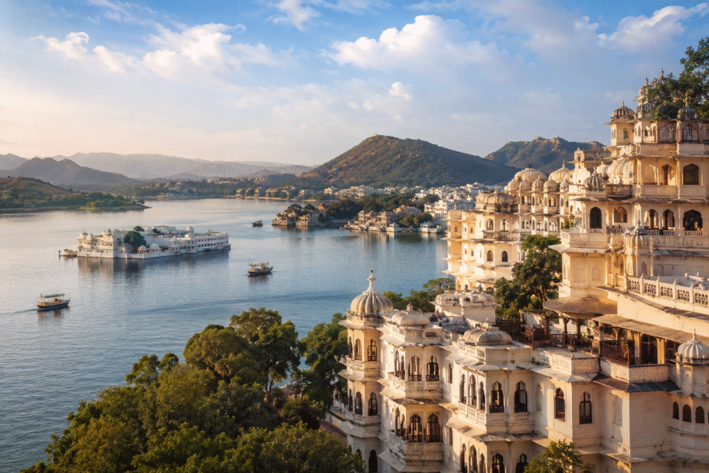 Udaipur City Palace overlooking Lake Pichola with scenic lake views and heritage architecture in Rajasthan.