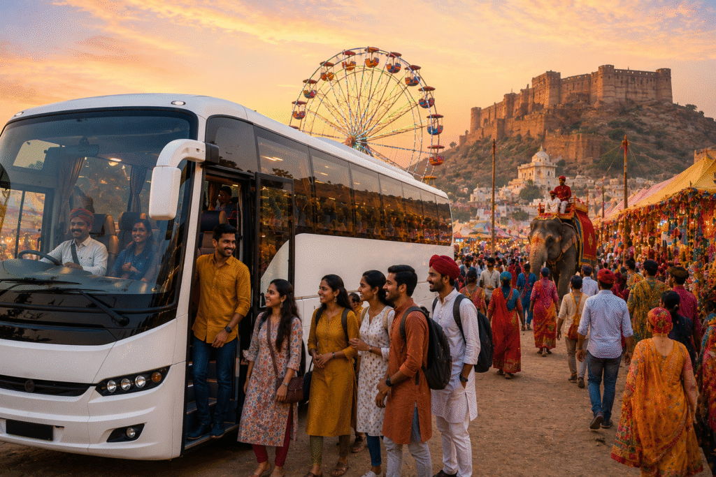 Luxury coach transporting visitors to Rajasthan festivals and cultural fairs.