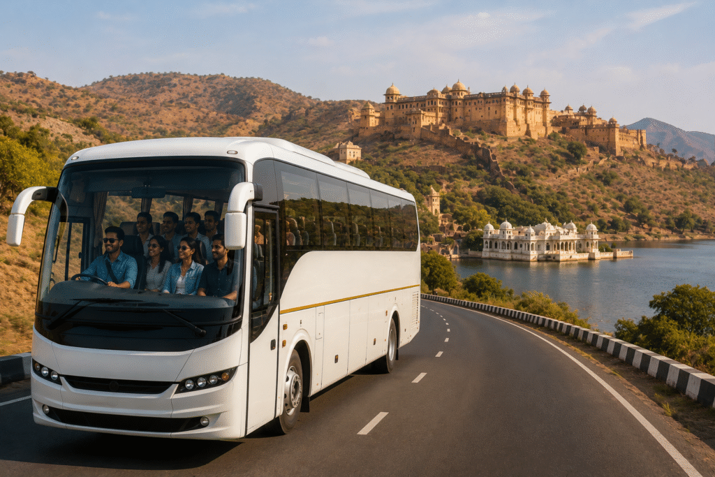 Luxury coach traveling across Rajasthan for long-distance group tours.