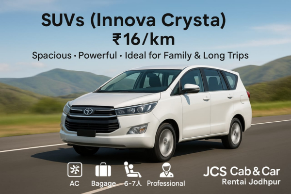 White Innova Crysta SUV for Udaipur in Monsoon taxi journey