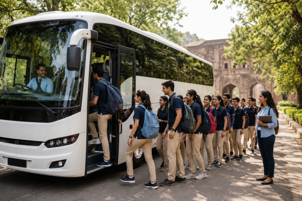 School and college students boarding a luxury coach for an educational trip.