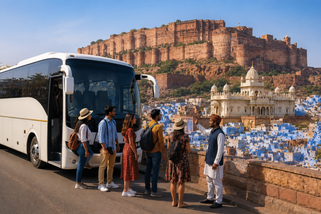 Tourists enjoying a coach sightseeing tour of Mehrangarh Fort and Jodhpur city attractions.