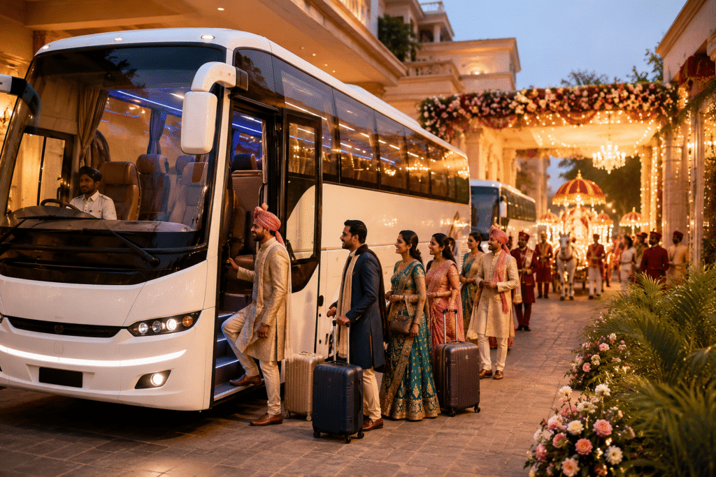 Luxury wedding guest transportation coach for comfortable venue, hotel, and railway station transfers.