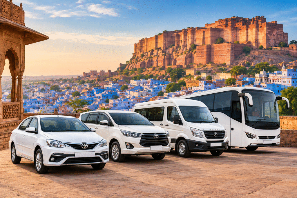White taxis and traveler vehicles parked against the backdrop of Mehrangarh Fort and Jodhpur's blue cityscape.