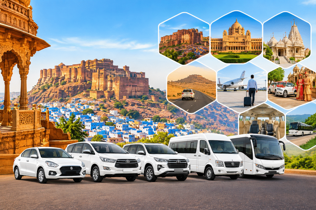 Car hire in Jodhpur with premium cars, SUVs, tempo travellers and buses against a Rajasthan travel backdrop