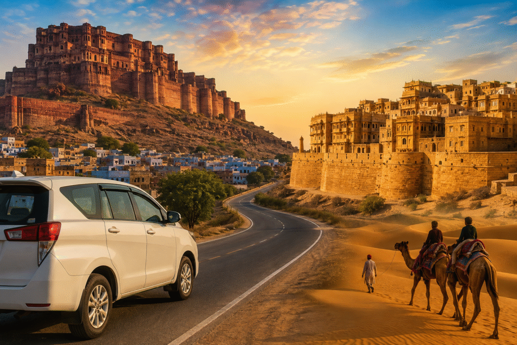 Rajasthan road trip by car with Mehrangarh Fort and desert camel safari