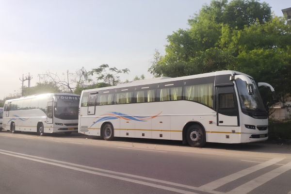 Two white luxury tourist buses parked on a roadside in Rajasthan, providing comfortable group transportation for tours and long-distance travel.